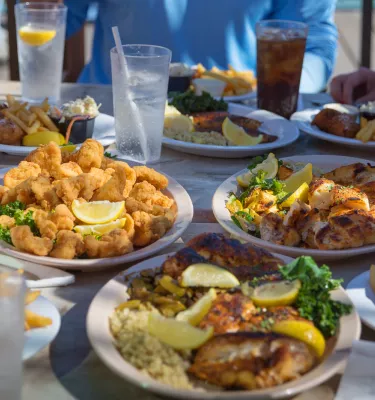 A table laden with seafood of every kind at Friendly Fisherman at John's Pass Village & Boarwalk