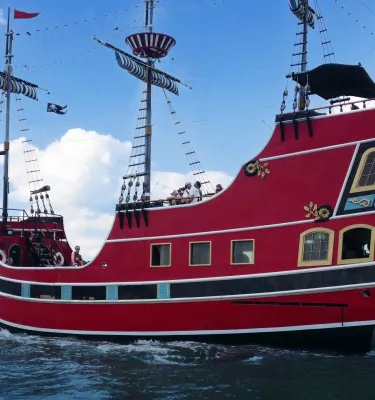 Captain Memo pirate boat, a fun replica of a pirate ship, cruising Clearwater Beach.