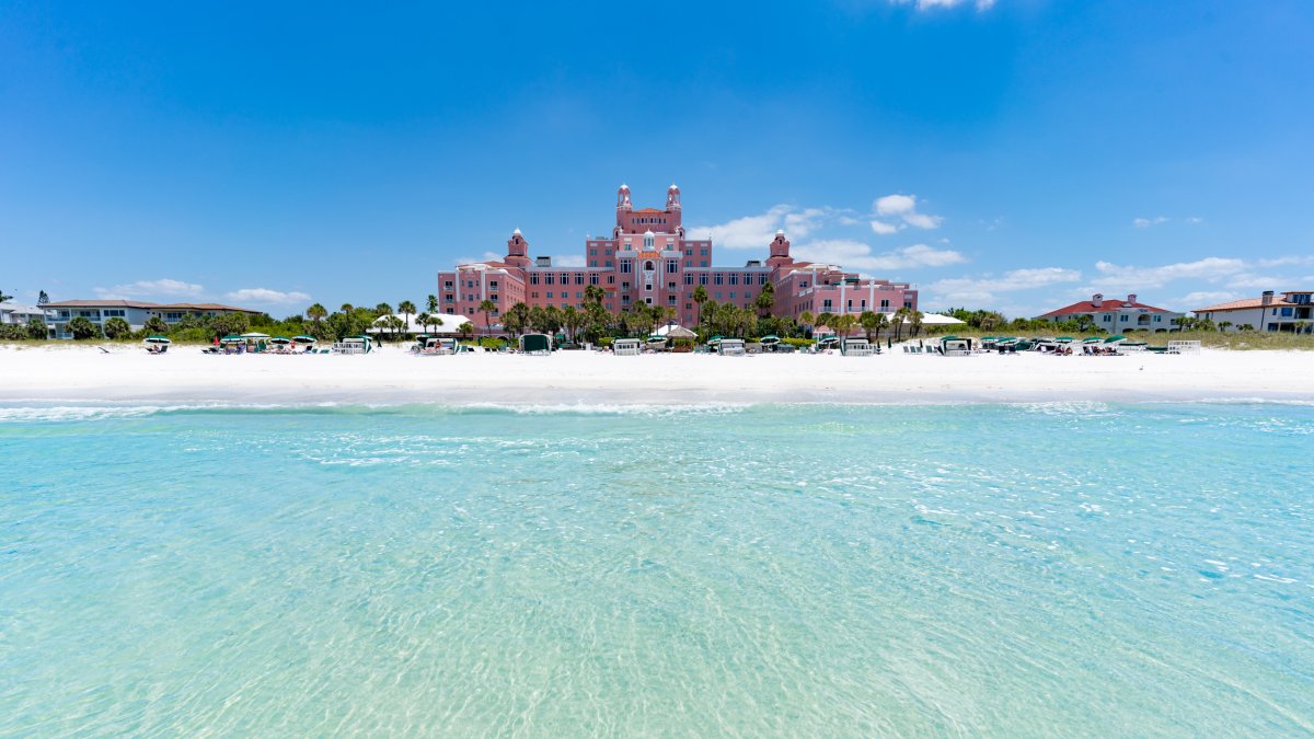 A view of Don CeSar resort from the aqua-marine green waters of St. Pete Beach.