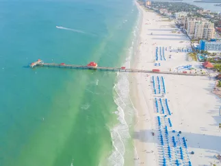 Aerial view of Pier 60 and blue cabanas in Clearwater Beach