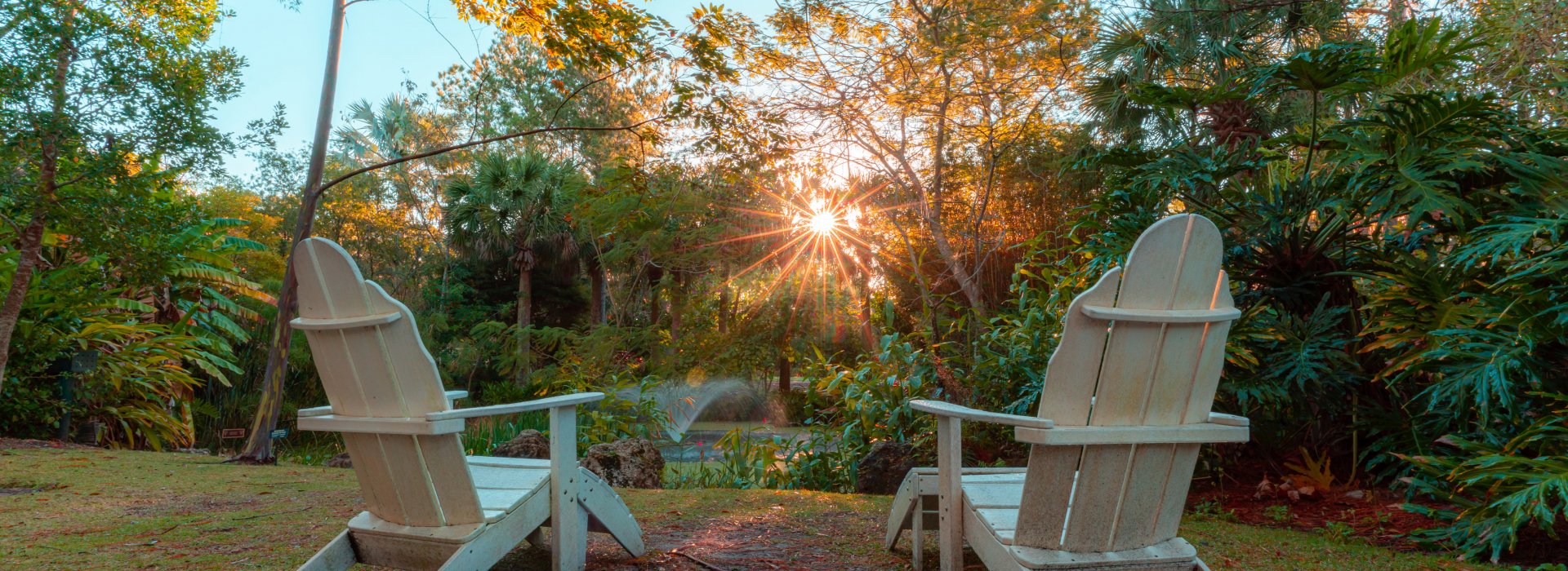 Lounge chairs over look trees, a pond and a fountain at Florida Botanical Gardens in Largo.