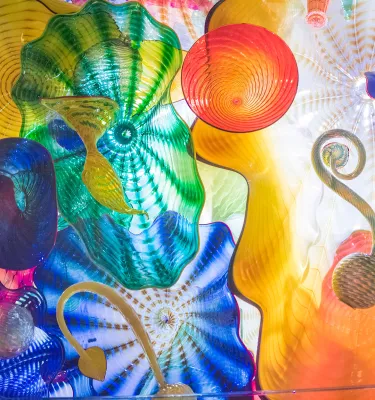 Chihuly's playful sculpture in ultra-bright colors is reminiscent of a coral reef.