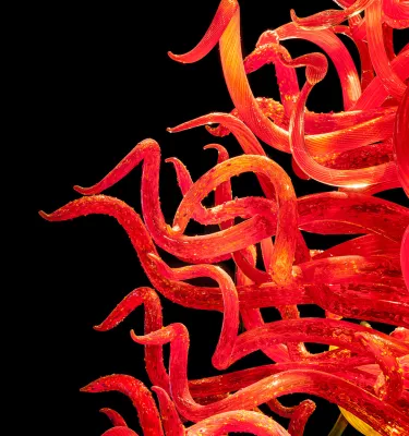 Close-up view of a twisting red glass sculpture created by Dale Chihuly, at the Chihuly Collection in St. Pete