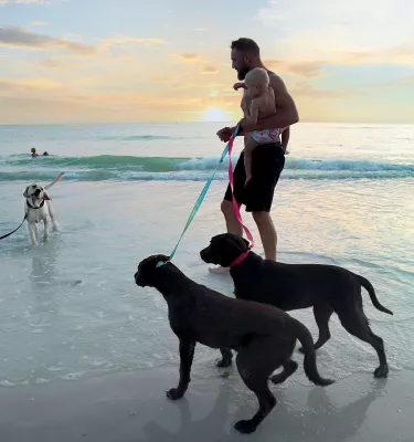 A man and his two dogs greet another dog at Honeymoon Island