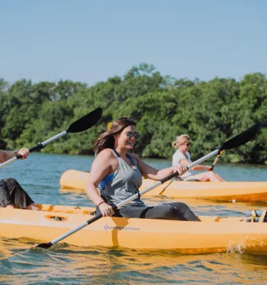 A group of women in yellow kayaks paddling around the St. Pete/Clearwater bay or Gulf of Mexico