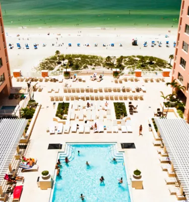 An overhead view of the courtyard pool at Hyatt Regency Clearwater Beach.