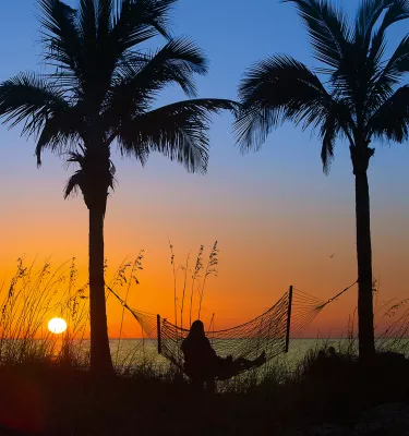 A lady relaxing in a hammock hanged between two palm trees during sunset in Madeira Beach
