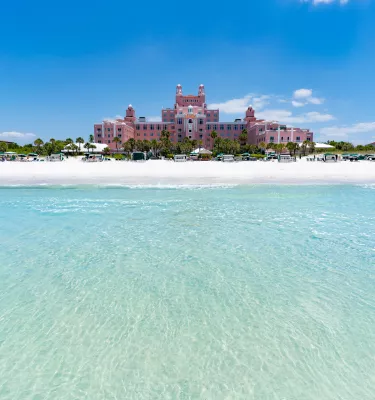 A view of Don CeSar resort from the aqua-marine green waters of St. Pete Beach.