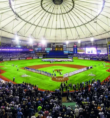 A wide view of the field of the Tampa Bay Rays in Tropicana Field.
