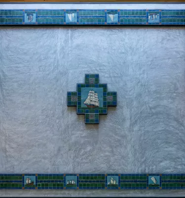 Handmade floor tiles From the turn of the 20th Century depicting a ship at sea.