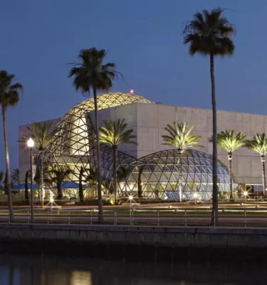 the exterior of the Dali Museum is lit up at night, with Tampa Bay and tall palm trees in the forefront