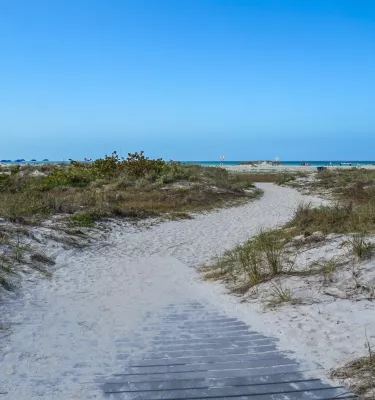a sandy boardwalk leads to a sand path lined with dunes and vegetation at Sand Key Park