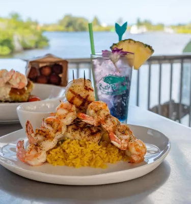Two seafood dishes and two drinks on a bar overlooking the water at Rusty Bellies.