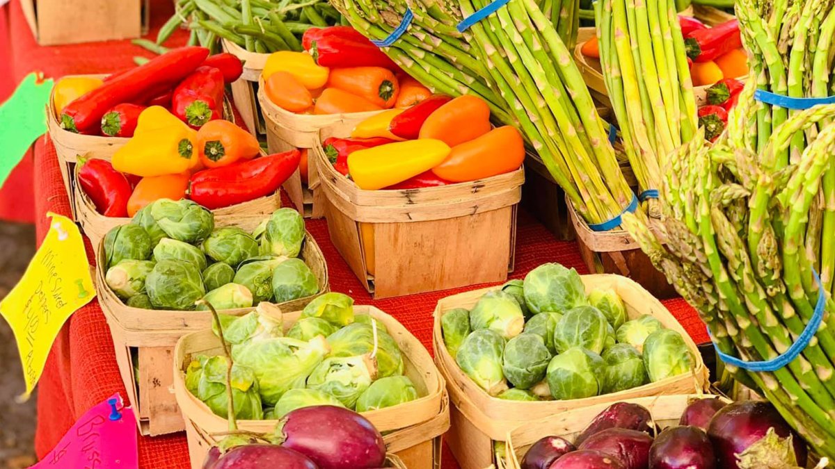 Small wooden bushels filled with Brussels sprouts, small eggplants and peppers at Dunedin Downtown Market.