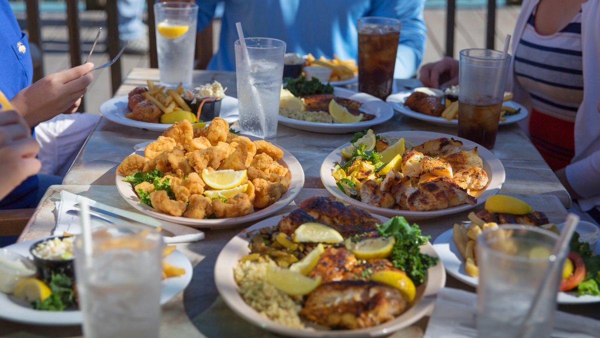 A table laden with seafood of every kind at Friendly Fisherman at John's Pass Village & Boarwalk