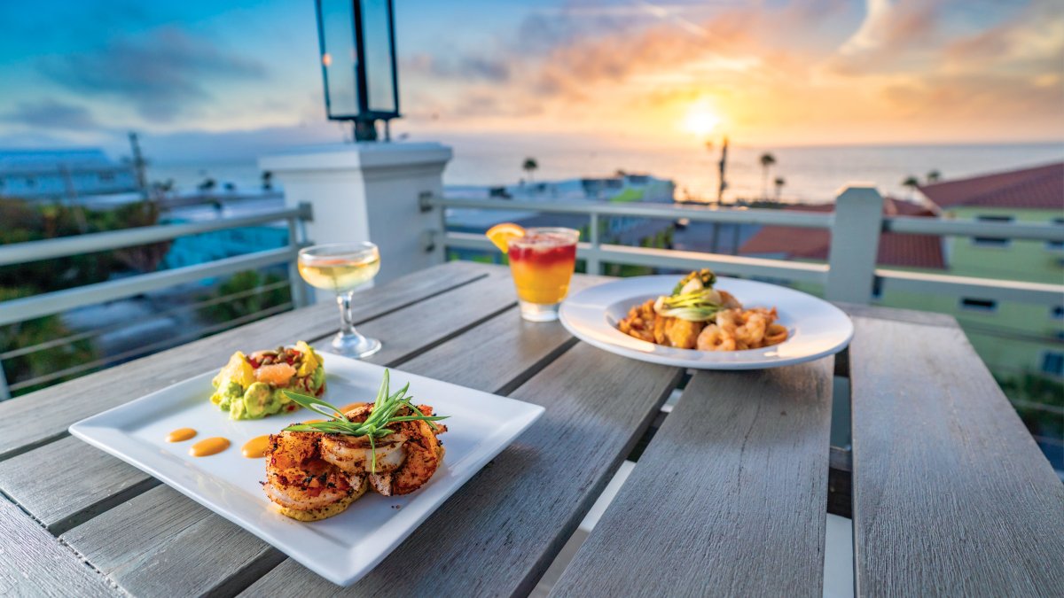 Outdoor dining at The Dewey during sunset
