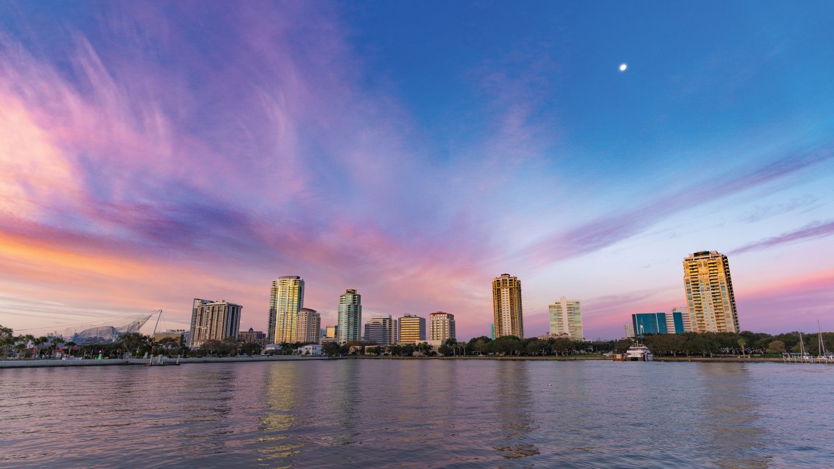 Blue and purple sunrise sky of St. Pete downtown skyline.