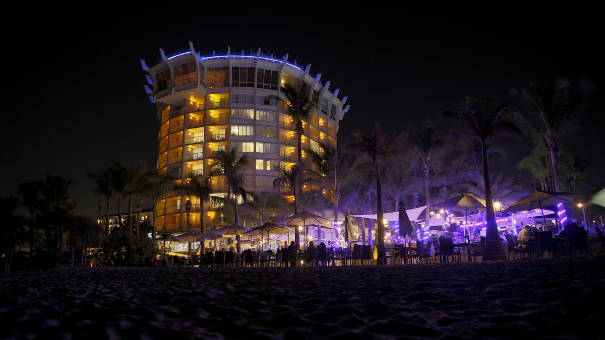 A night view of the Bellwether resort and outdoor restaurant.