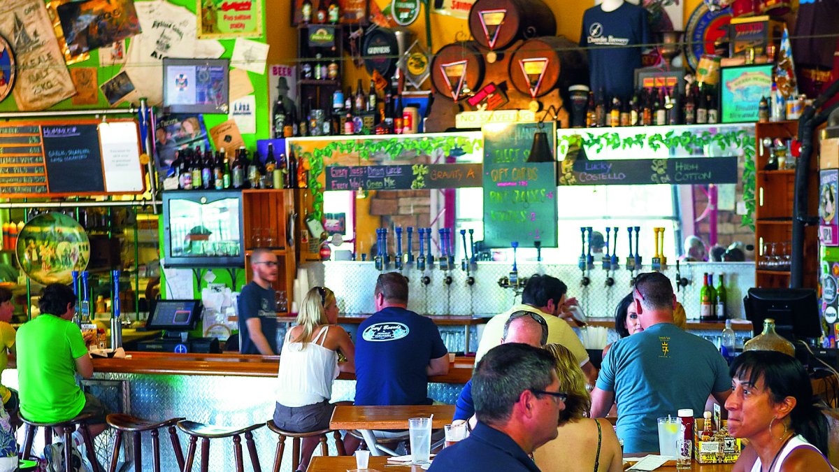 interior view of a brewery bar with people sitting at the bar and tables.  Back wall filled with bear bottles, beer paraphernalia, posters, instruments and more