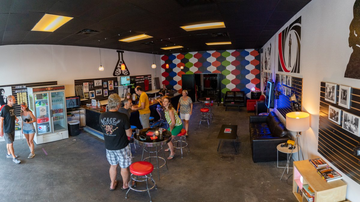 The colorful interior view of Grindhaus Brew Lab brewery.