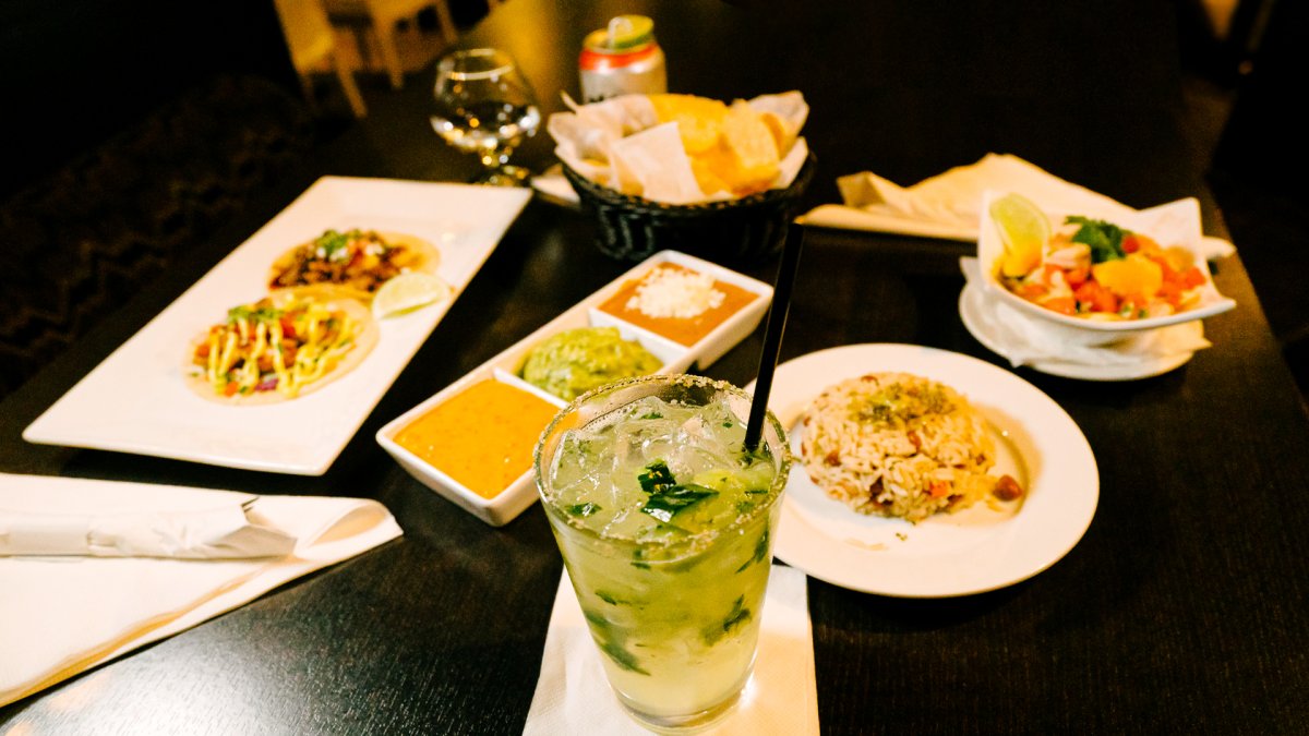 A table full of food and drinks from Red Mesa Cantina