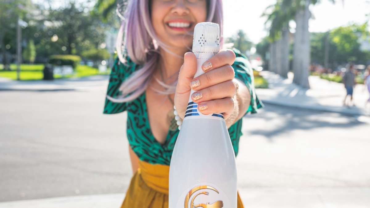 A young woman holds up a bottle of sparkling wine with downtown St. Pete as her background