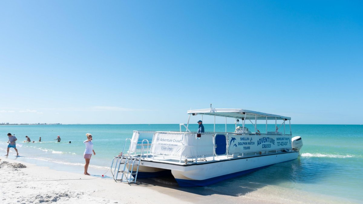 a pontoon boat used for dolphin tours beached on St. Pete Beach