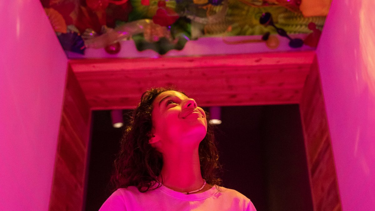 a person in a pink shirt walks underneath a ceiling made of art glass at The Chihuly Collection
