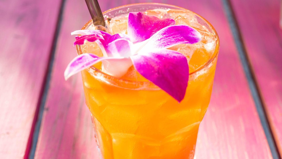 a fruity drink in a tall glass with a pink and white orchid and a straw on a pink table at Mullet's Fish Camp