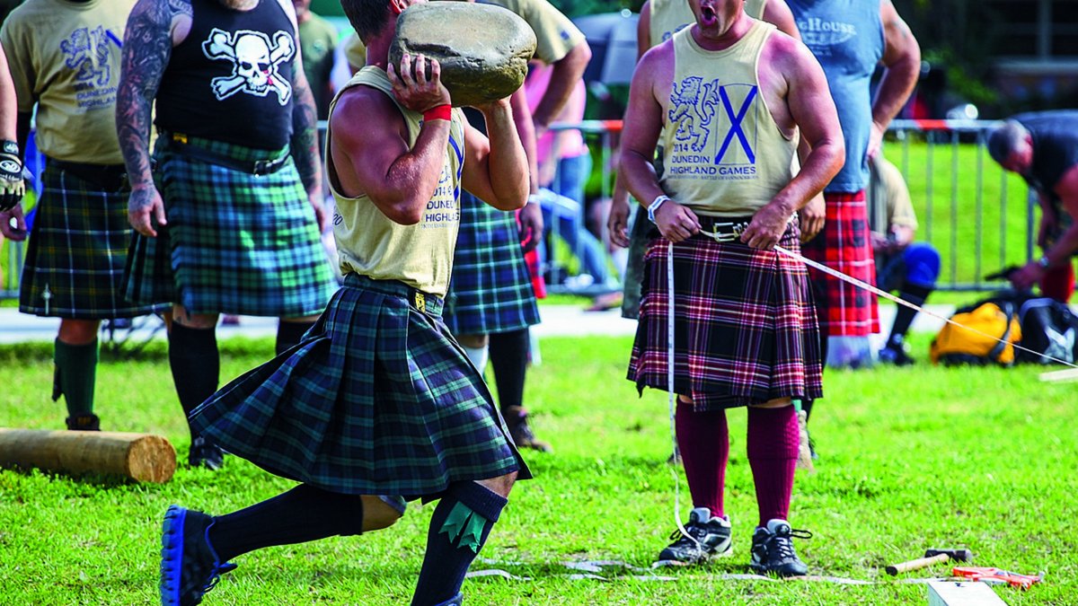 Stone throw competitor in a kilt at the Dunedin Highland Games