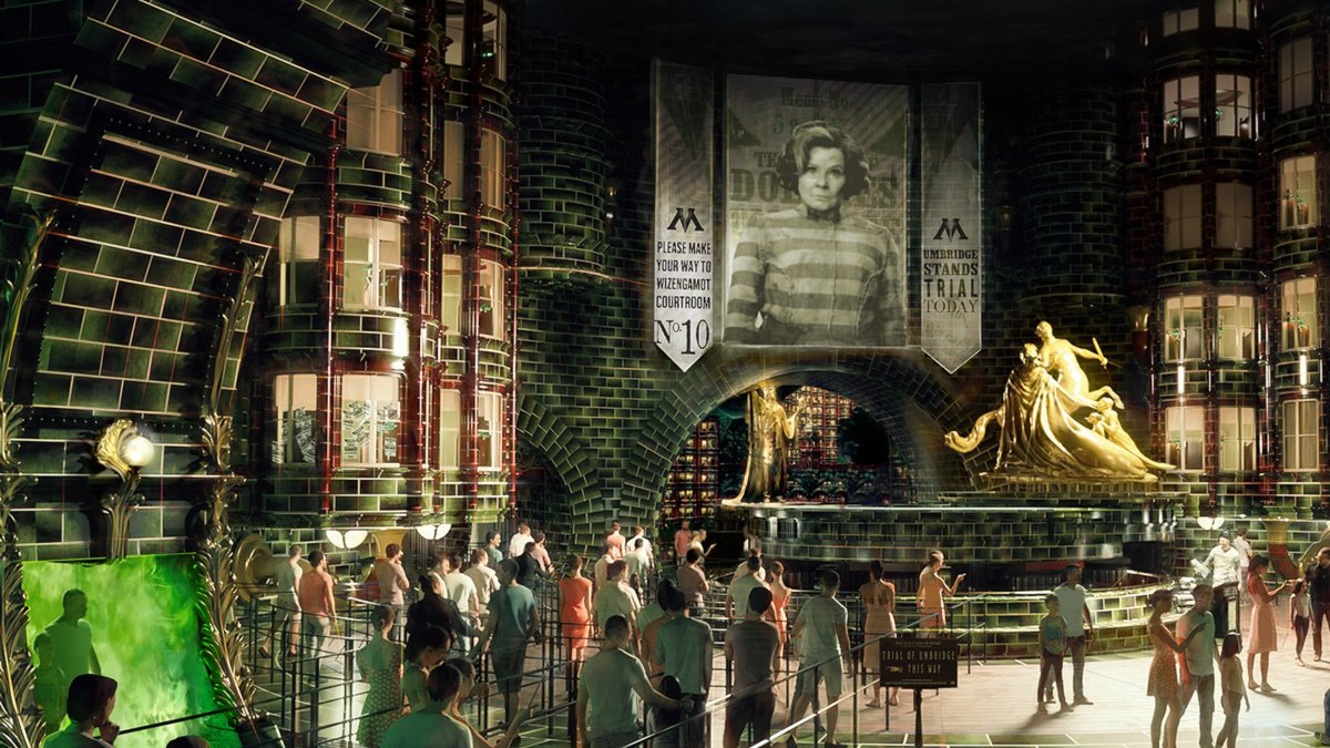 inside ministry of magic from Harry Potter film series features a dark tunnel- like room with large archways and green magical fireplaces as people line up for the newest ride in a queue line.