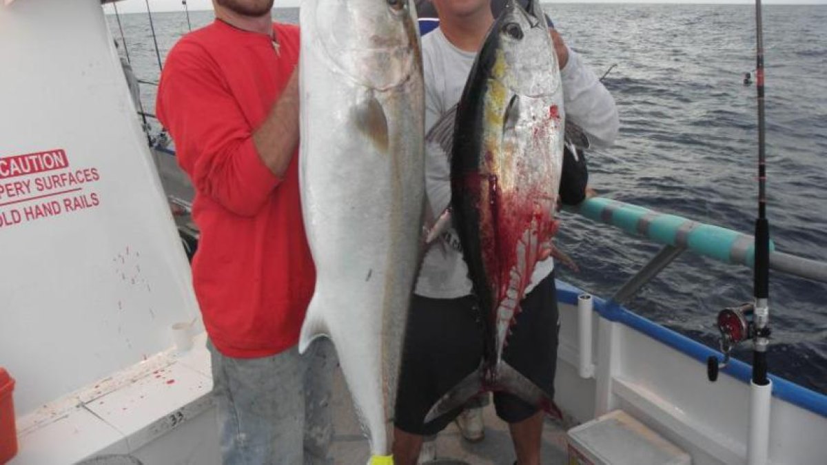 Left-Right: 1st mate Joey drew shows off a monster Amberjack, Capt Kelvin with a nice blackfin tuna