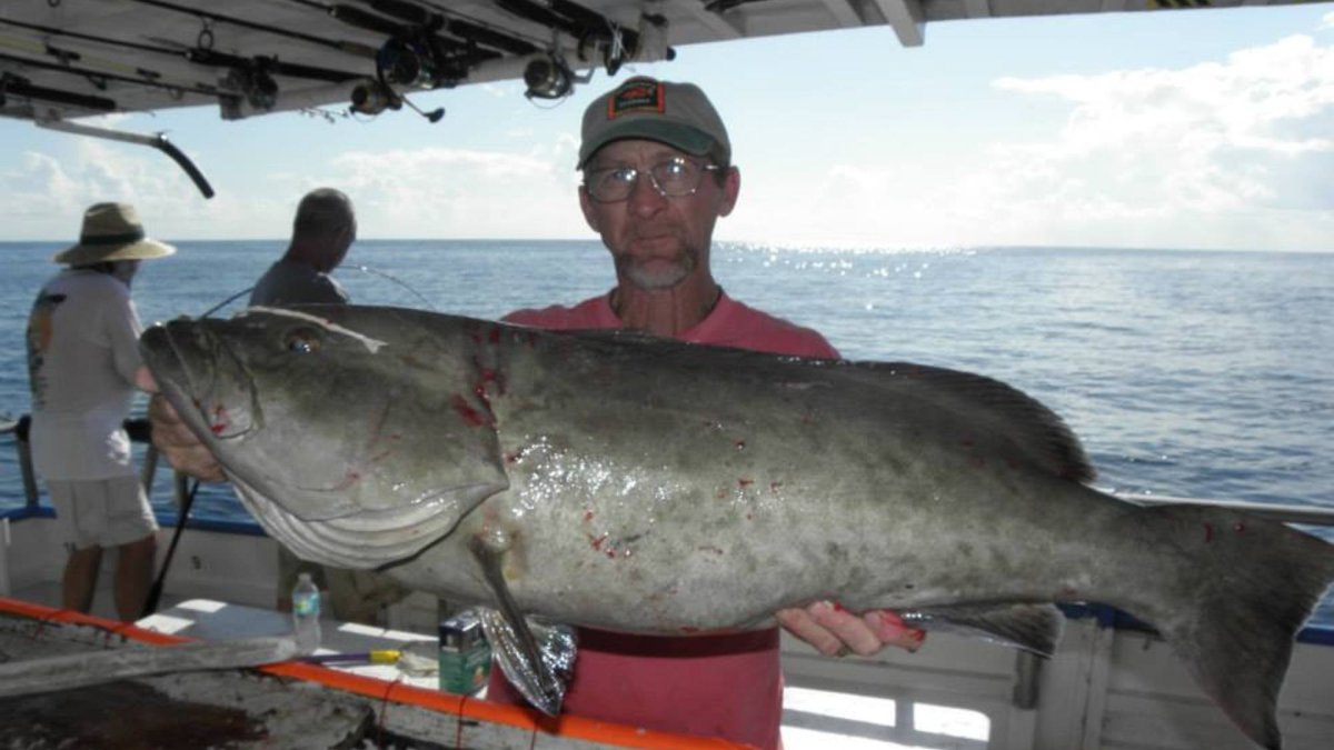 Capt Bryon with a MONSTER Gag grouper caught on our 39 hour long-range deep sea fishing trip